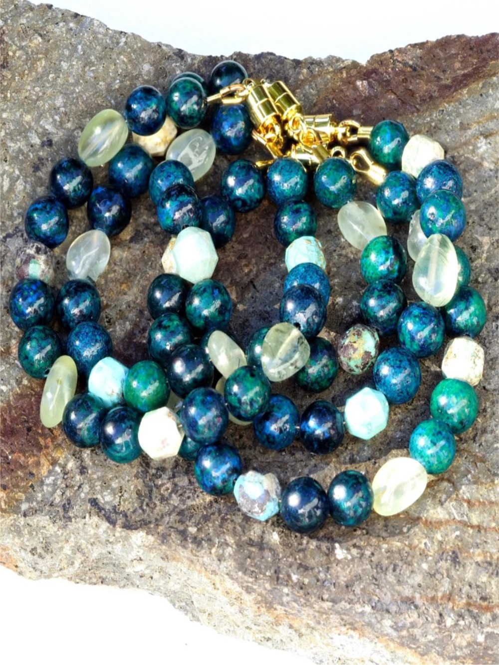 Turquoise & Chrysocolla Gold Magnetic Clasp Bracelet with Safety Chain - Picture 1 of 2